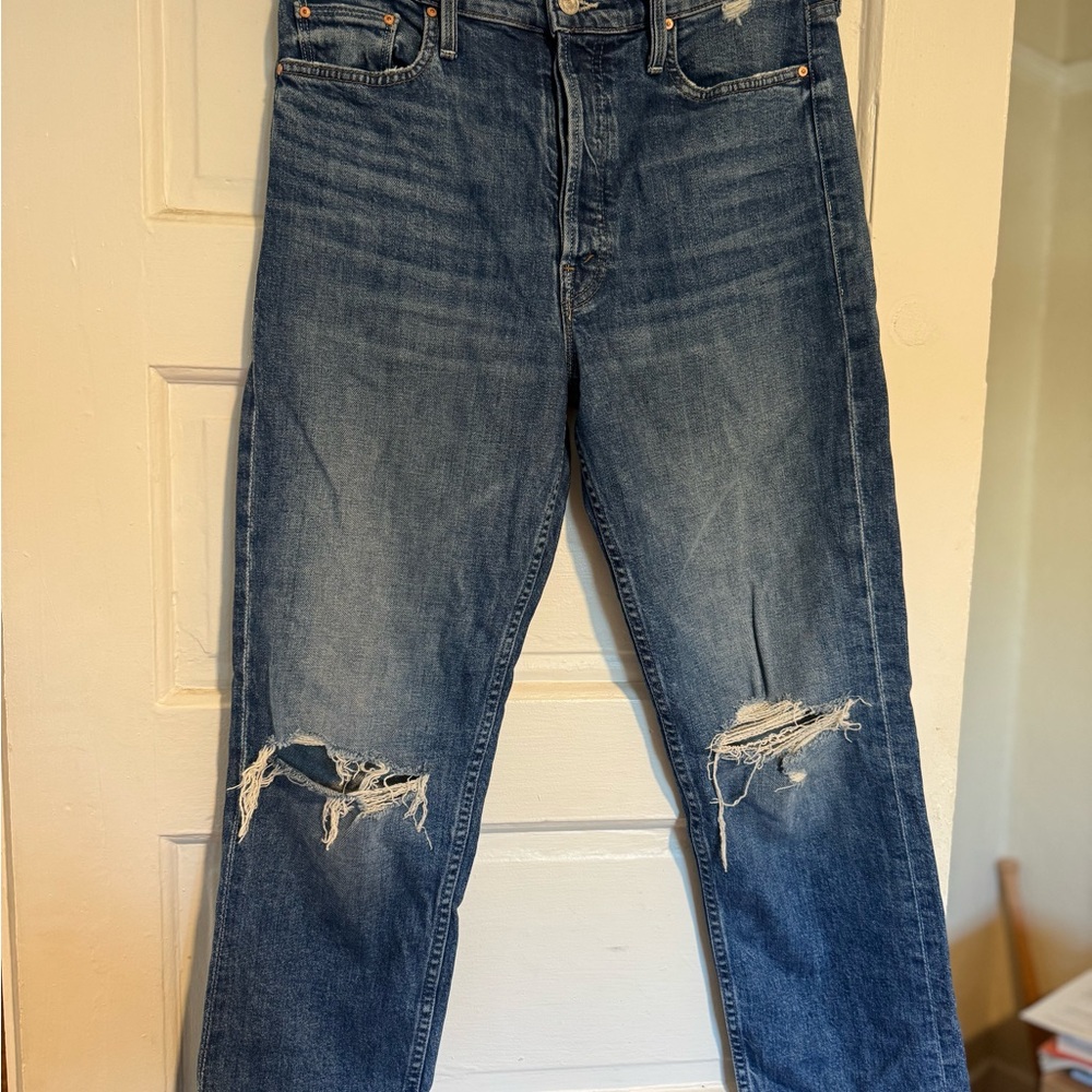 MOTHER Straight Leg Distressed Blue Jeans